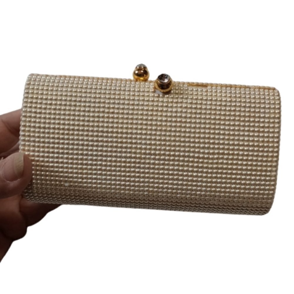 BEADED Hard Case Clutch Bag Faux Pearl